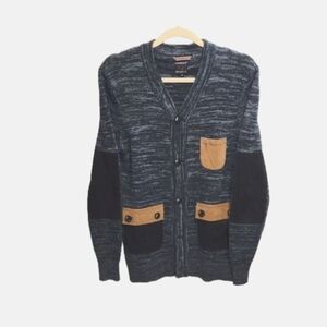 NWOT Goodale blue cotton blend cardigan  with patched  pockets and elbow sz L